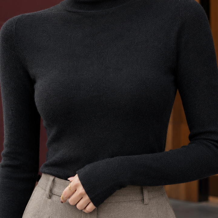 Damenpullover mit klassischem Rollkragen aus elastischem Rippstrick