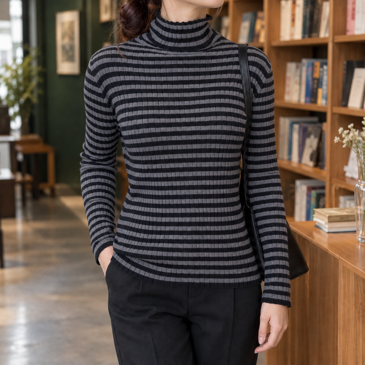 Women's Striped Ribbed Turtleneck Sweater