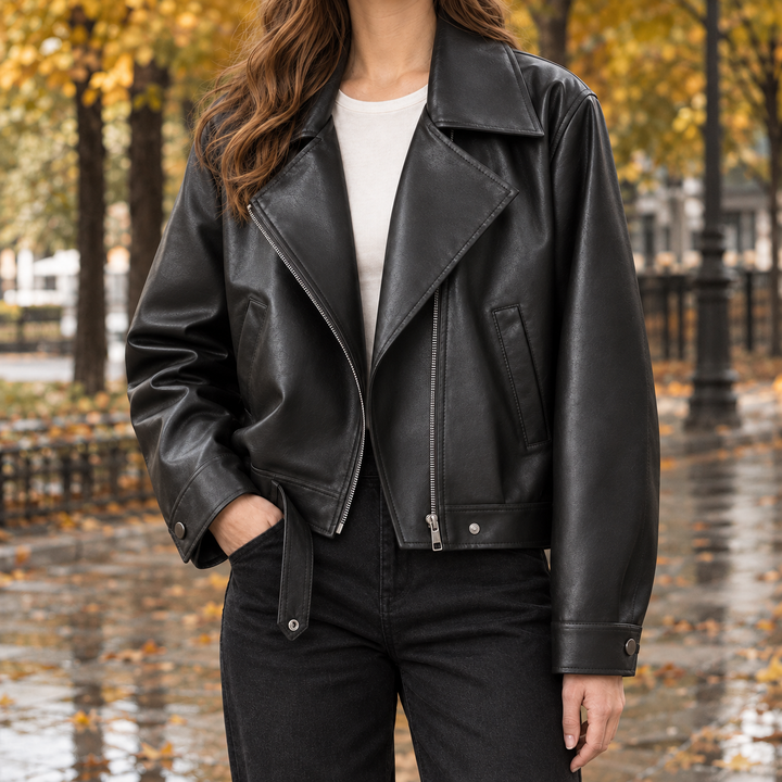 Damen Cropped Bikerjacke Mit Oversize Revers