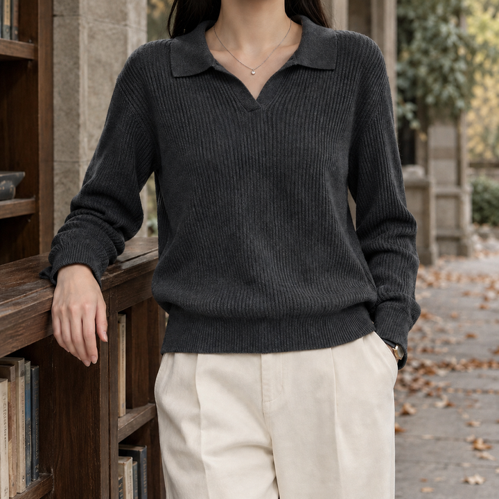 Damen Rippstrickpullover Mit Polokragen