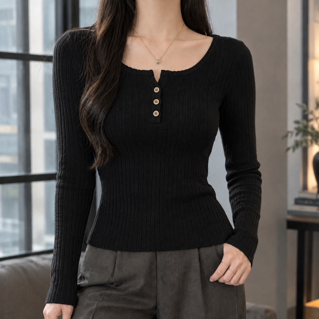 Seitliche Ansicht des Damen-Rippstricktops aus elastischem Rippstrick