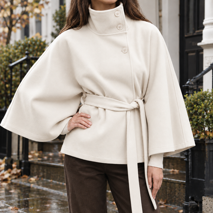 Damen Capejacke Mit Stehkragen Und Bindegürtel