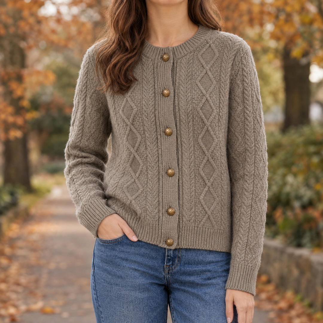 Damen Wollstrickjacke Mit Zopfmuster Salbeigrün