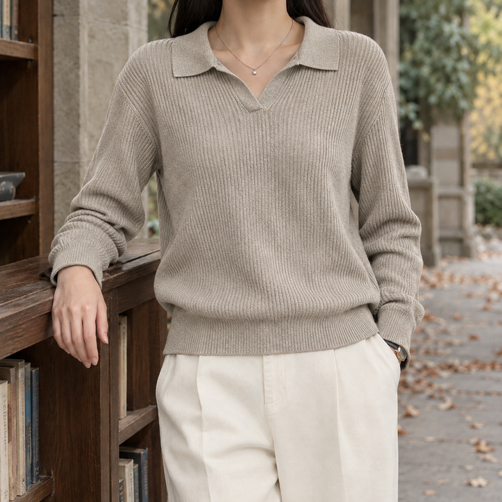 Damen Rippstrickpullover Mit Polokragen