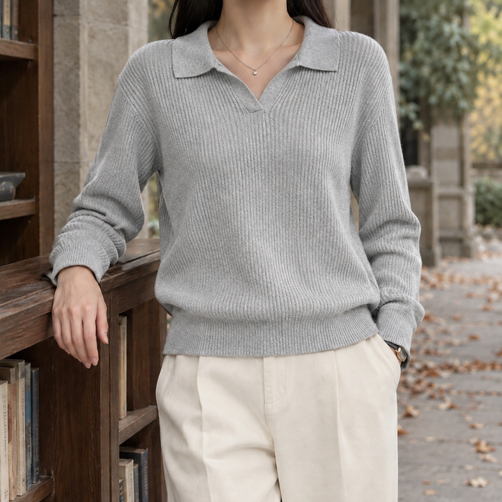 Damen Rippstrickpullover Mit Polokragen