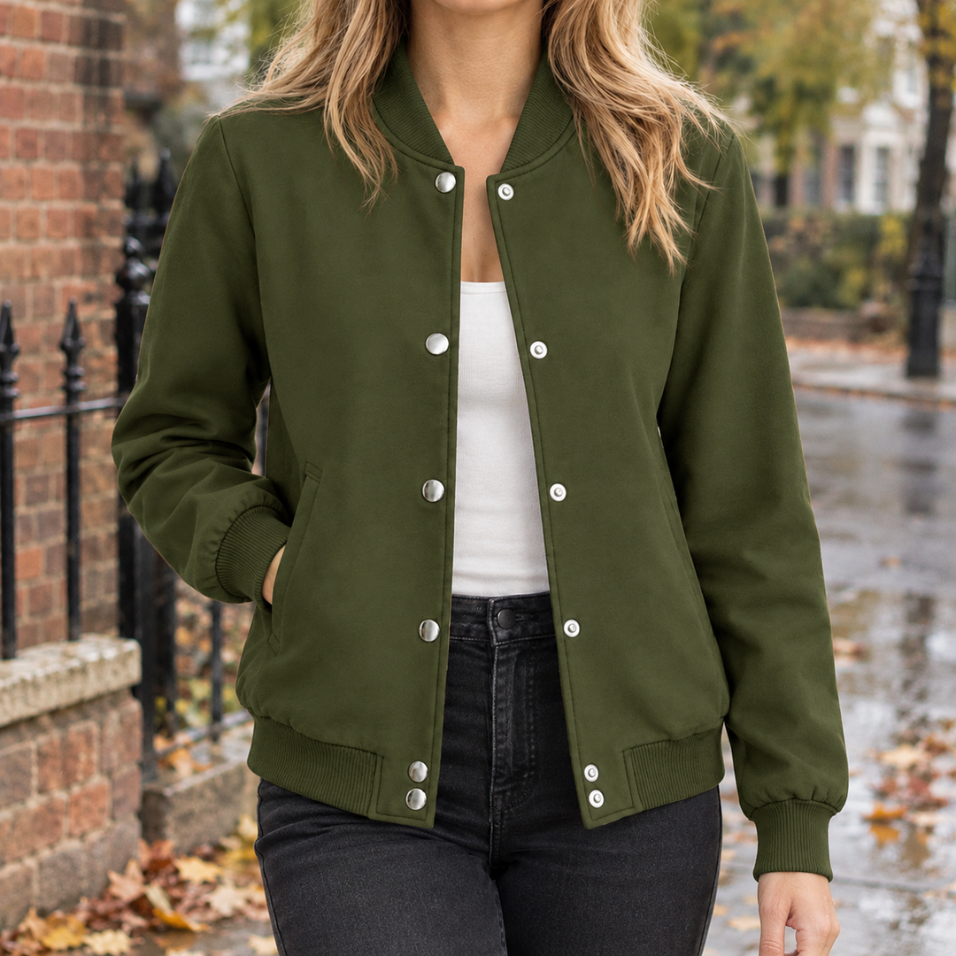 Seitenansicht der Damen-Bomberjacke mit klassischem Bomberjacken-Schnitt