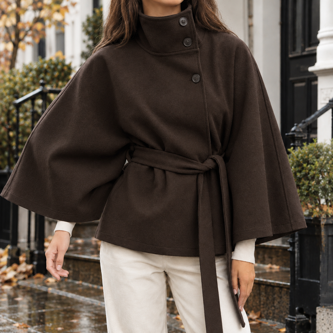 Damen Capejacke Mit Stehkragen Und Bindegürtel