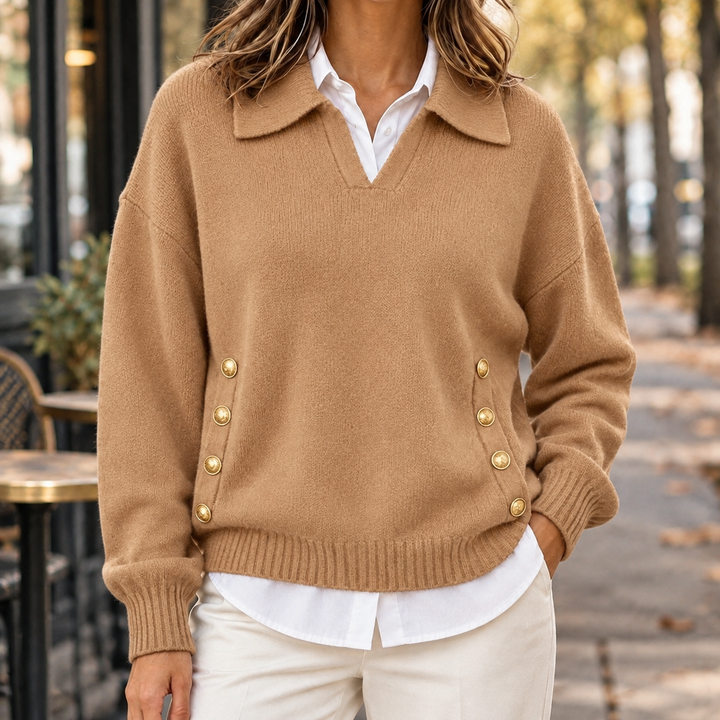 Damen Strickpullover Mit Kragen Und V Ausschnitt