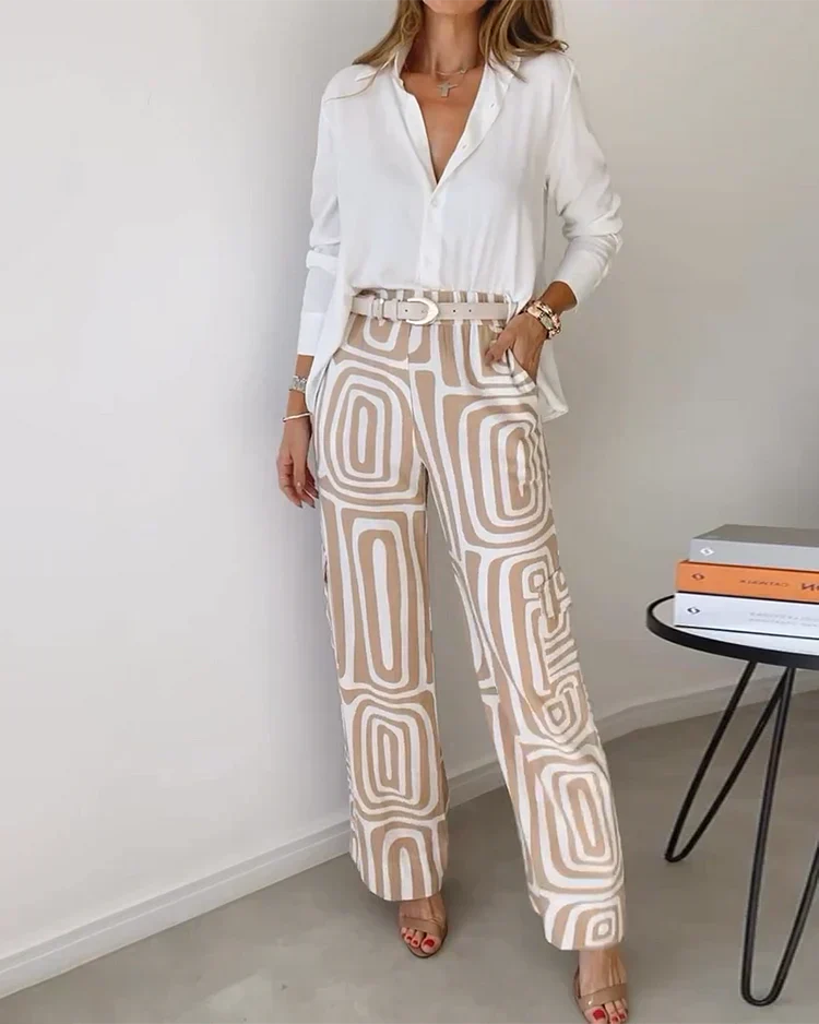 Schicker Damenanzug mit Hemd und Wide-Leg-Hose in Ganzkörperansicht