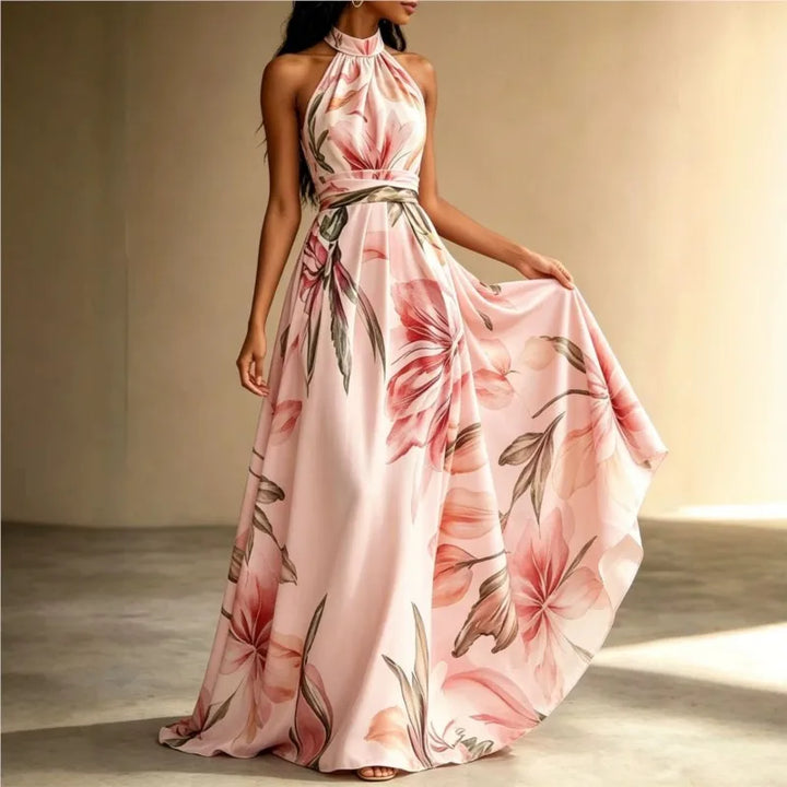 Langes Damenkleid mit Blumenmuster und Neckholder für sommerliche und elegante Anlässe