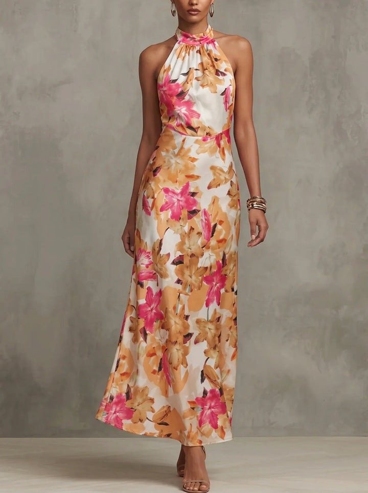 Damen-Maxikleid mit Blumenprint und Halterneck in fließender Länge