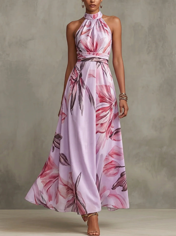 Damen-Maxikleid in Rosa mit Blumenprint und hoher Taille in voller Länge