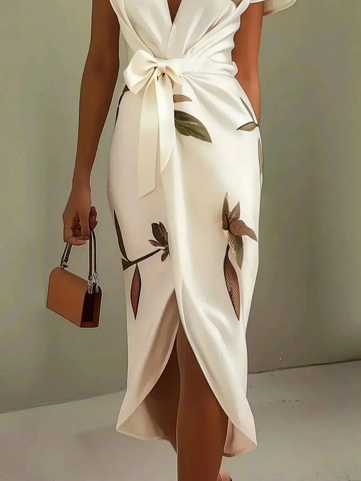 Damen Wickel Midikleid mit Blumenprint am Model getragen