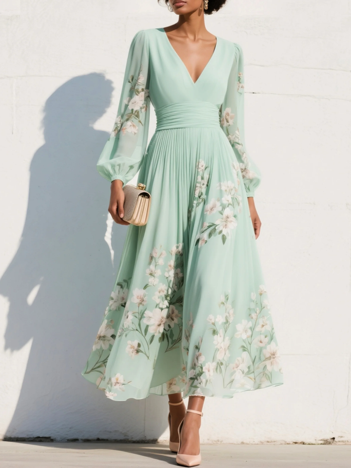 Damen Midikleid Mit Blumenmuster Und V Ausschnitt Grün