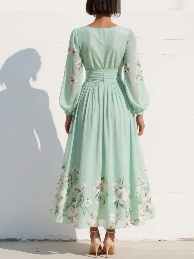 Damen Midikleid in Grün mit Blumenmuster und flatternden Ärmeln
