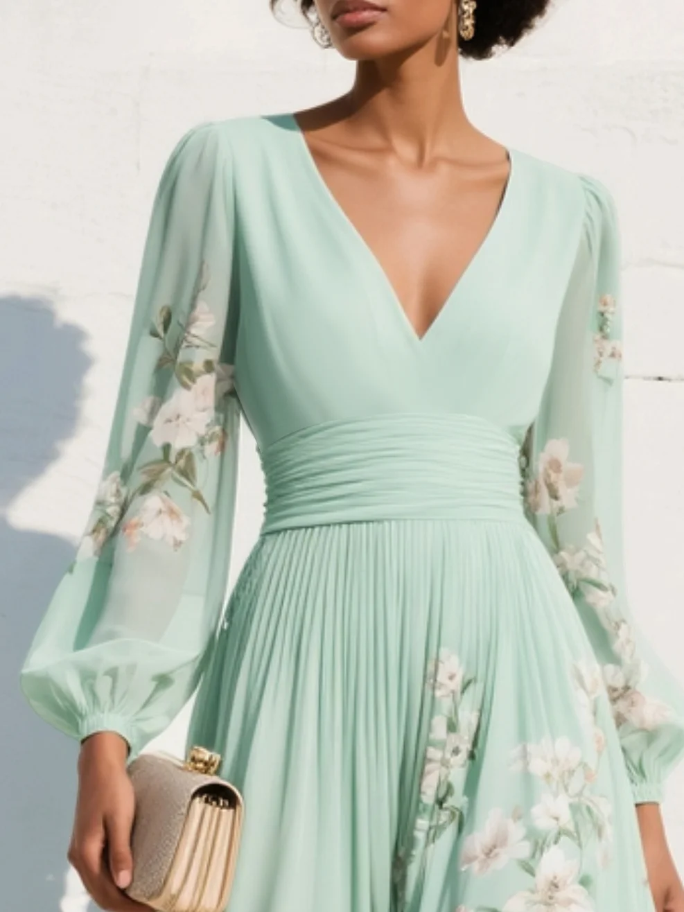Damen Midikleid mit floralem Muster in Grün in Rückenansicht