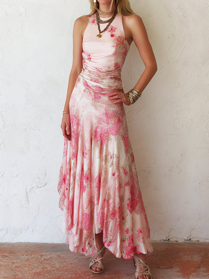 Damen Midikleid in Rosa mit Blumenprint und Neckholder, Vorderansicht