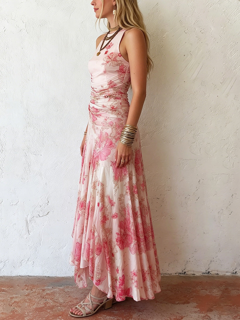 Damen Midikleid in Rosa mit Blumenprint und Neckholder, Rückansicht