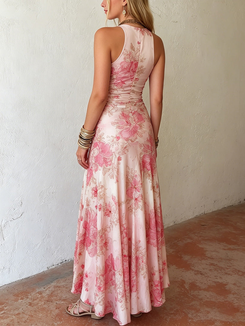 Damen Midikleid in Rosa mit Blumenprint und Neckholder, Seitenansicht