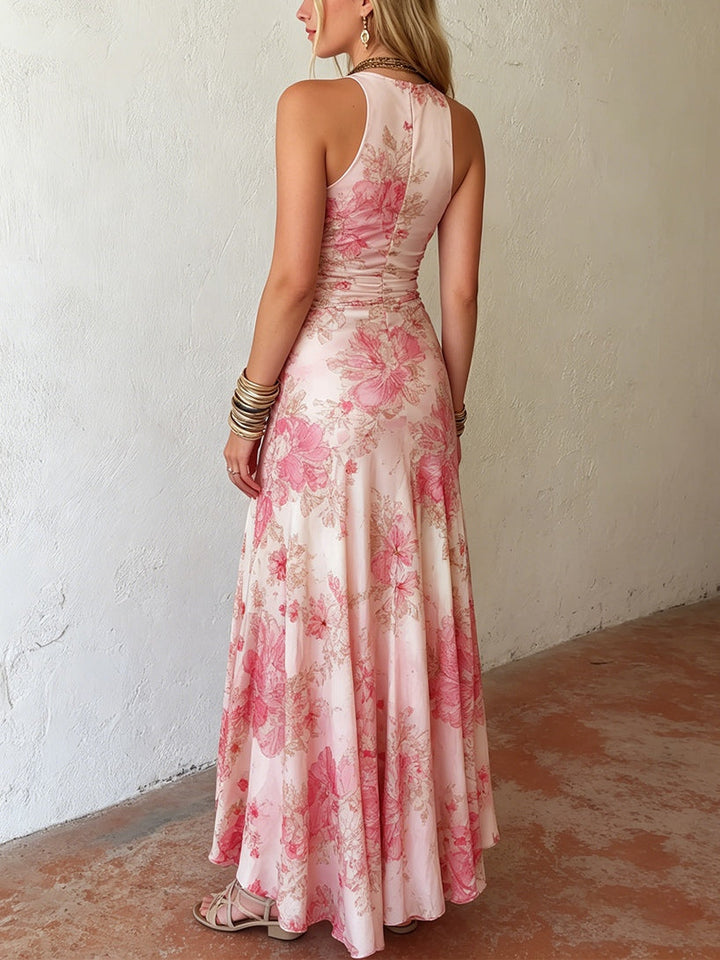 Damen Midikleid in Rosa mit Blumenprint und Neckholder, Seitenansicht