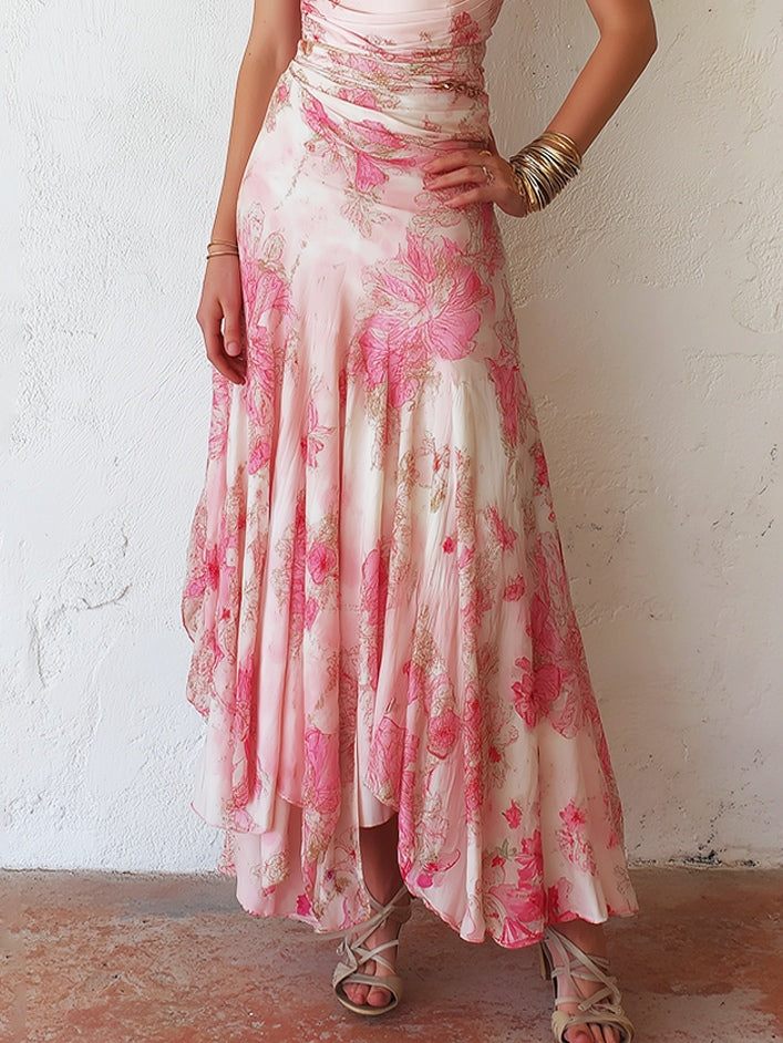 Damen Midikleid in Rosa mit Blumenprint und Neckholder im Gesamtlook