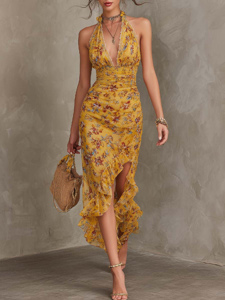 Damen Midikleid Mit Blumenprint Und Neckholder Gelb