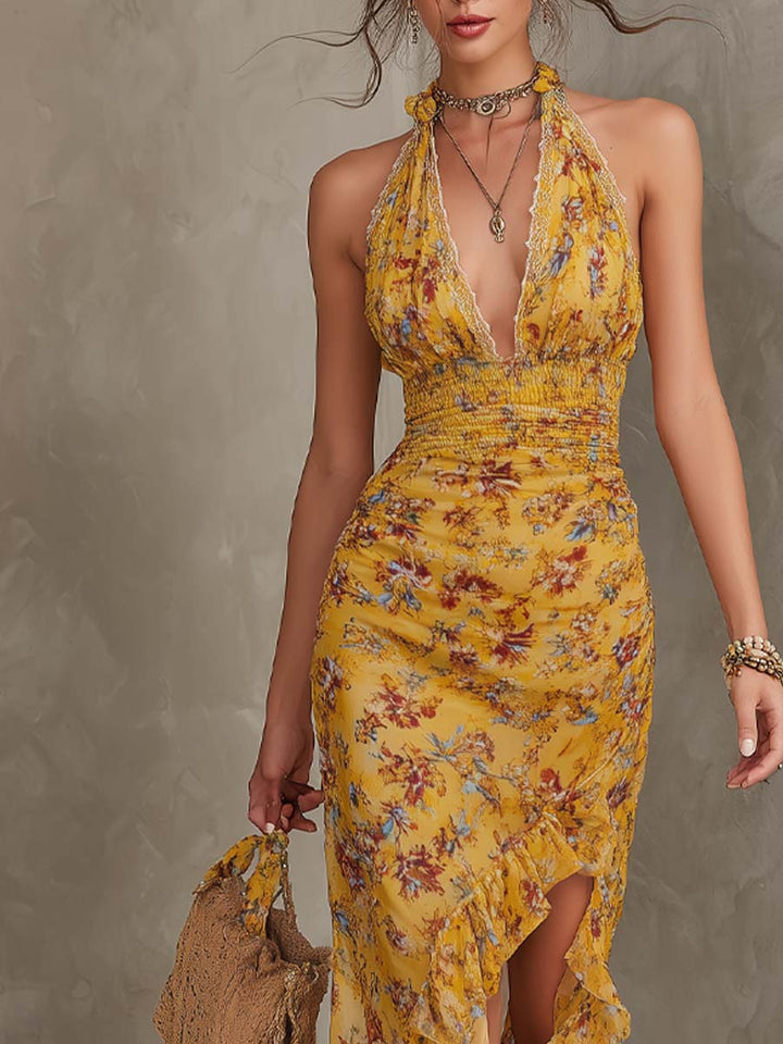 Damenkleid als Midikleid mit Blumenprint und offenem Schulterbereich von hinten
