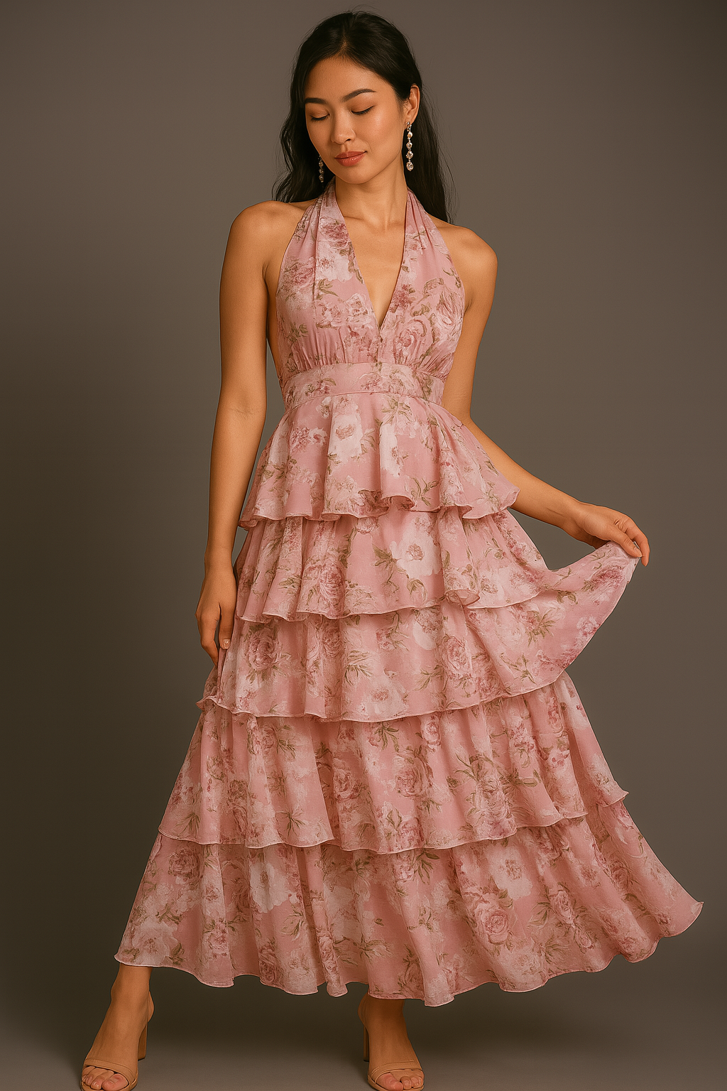 Maxikleid mit Blumenmuster, Neckholder, gestuften Rüschen und Taillendetail