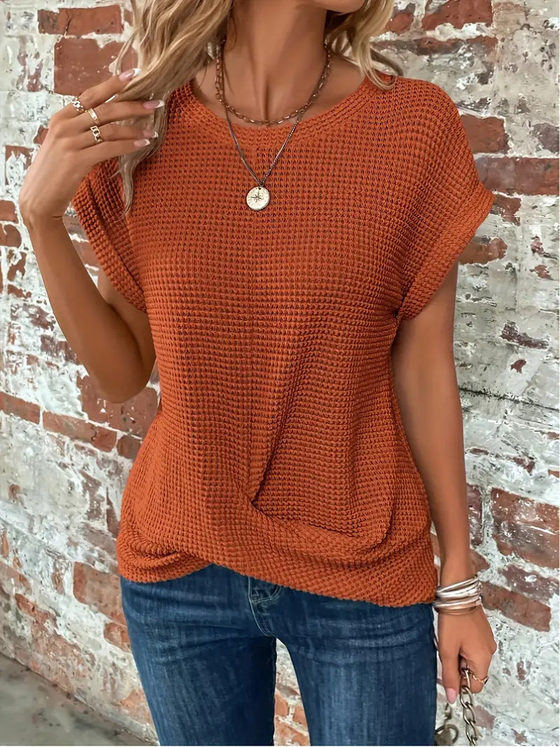 Damen strukturierter Kurzarm Pullover mit Rundhalsausschnitt in Frontansicht