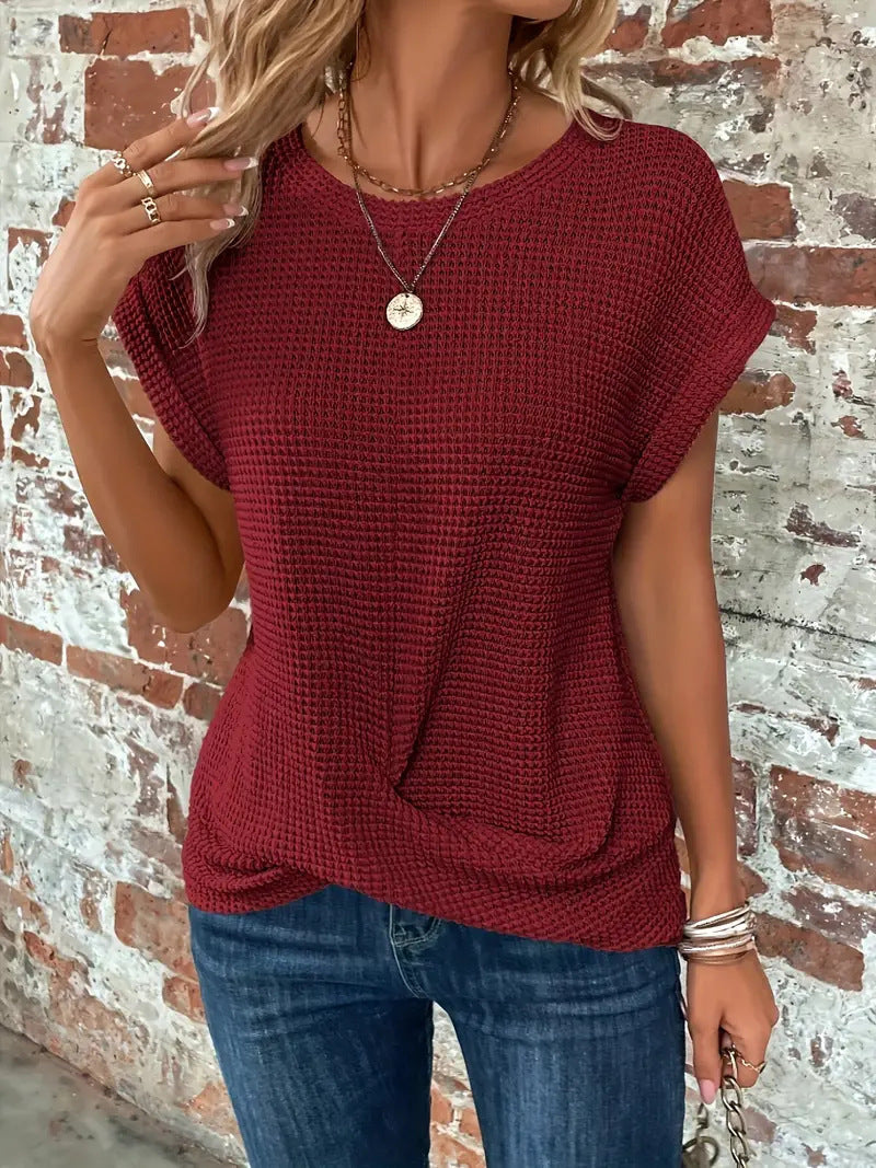 Damen strukturierter Kurzarm Pullover mit Rundhalsausschnitt in Seitenansicht