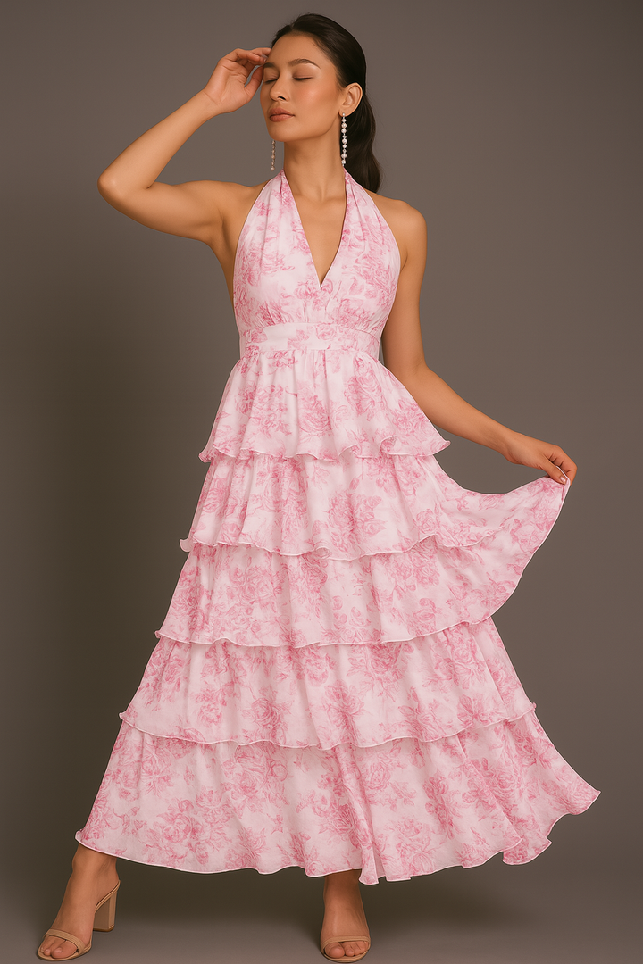 Maxikleid mit Blumenmuster, Neckholder, gestuften Rüschen und Taillendetail