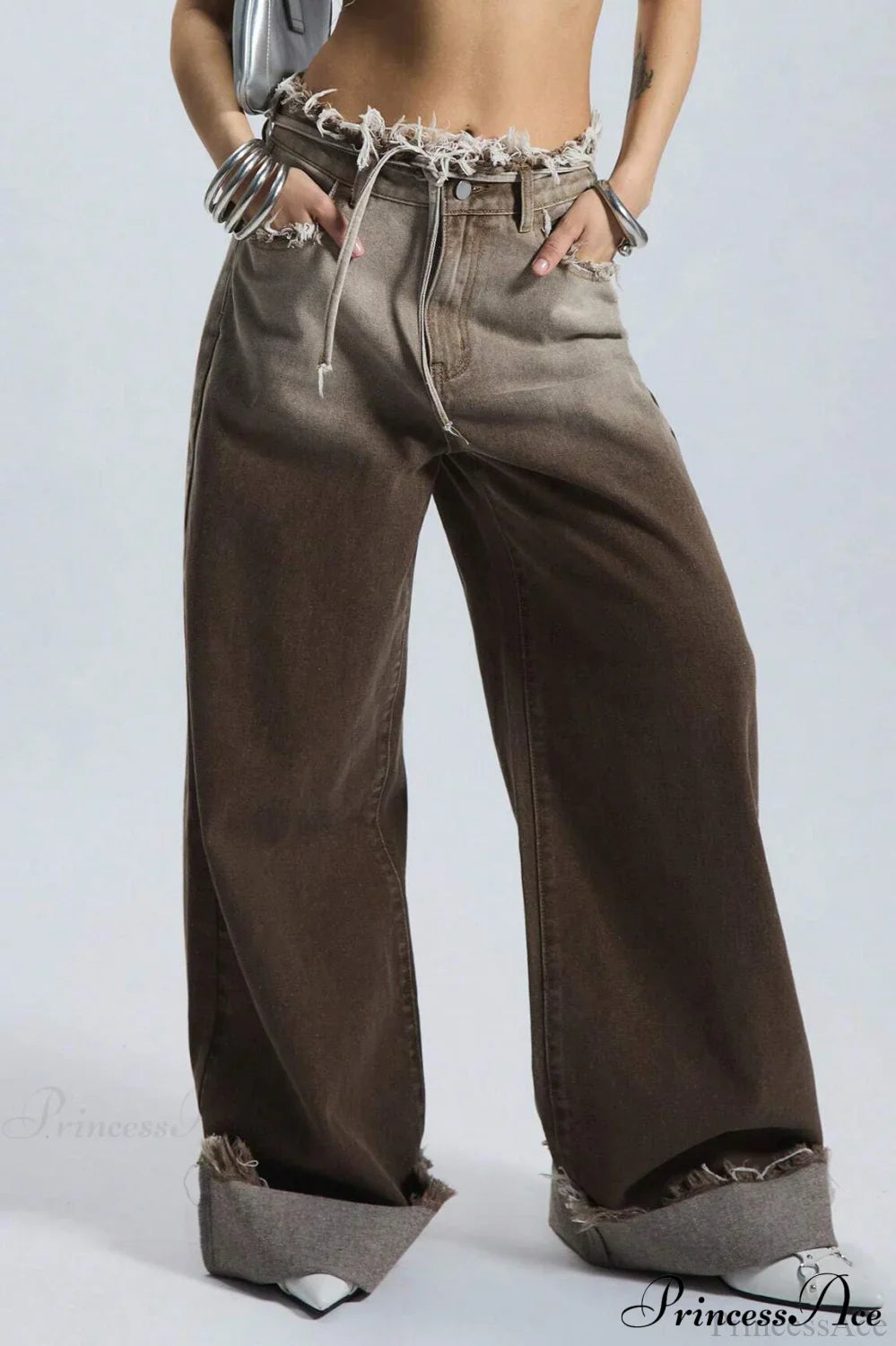 Damen Ombre Jeans mit geradem weitem Bein, Detailansicht des Bundes