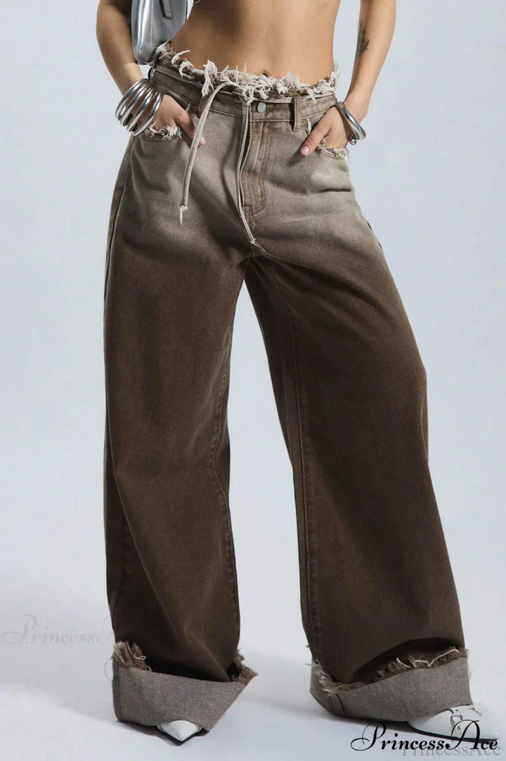 Damen Ombre Jeans mit geradem weitem Bein, Detailansicht des Bundes