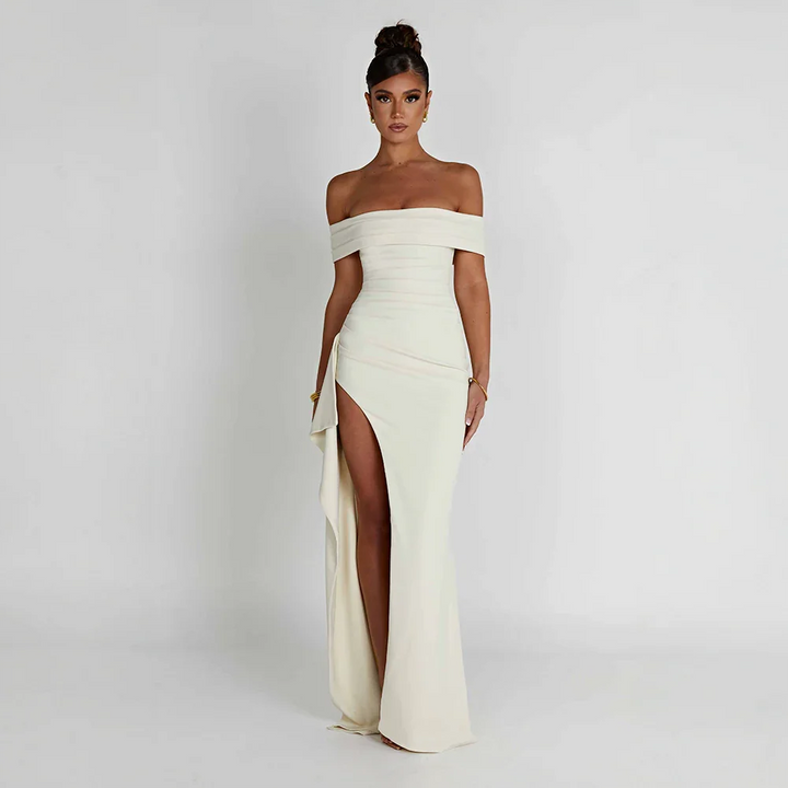 Maxi-Kleid mit seitlichem Schlitz und schulterfreiem Ausschnitt