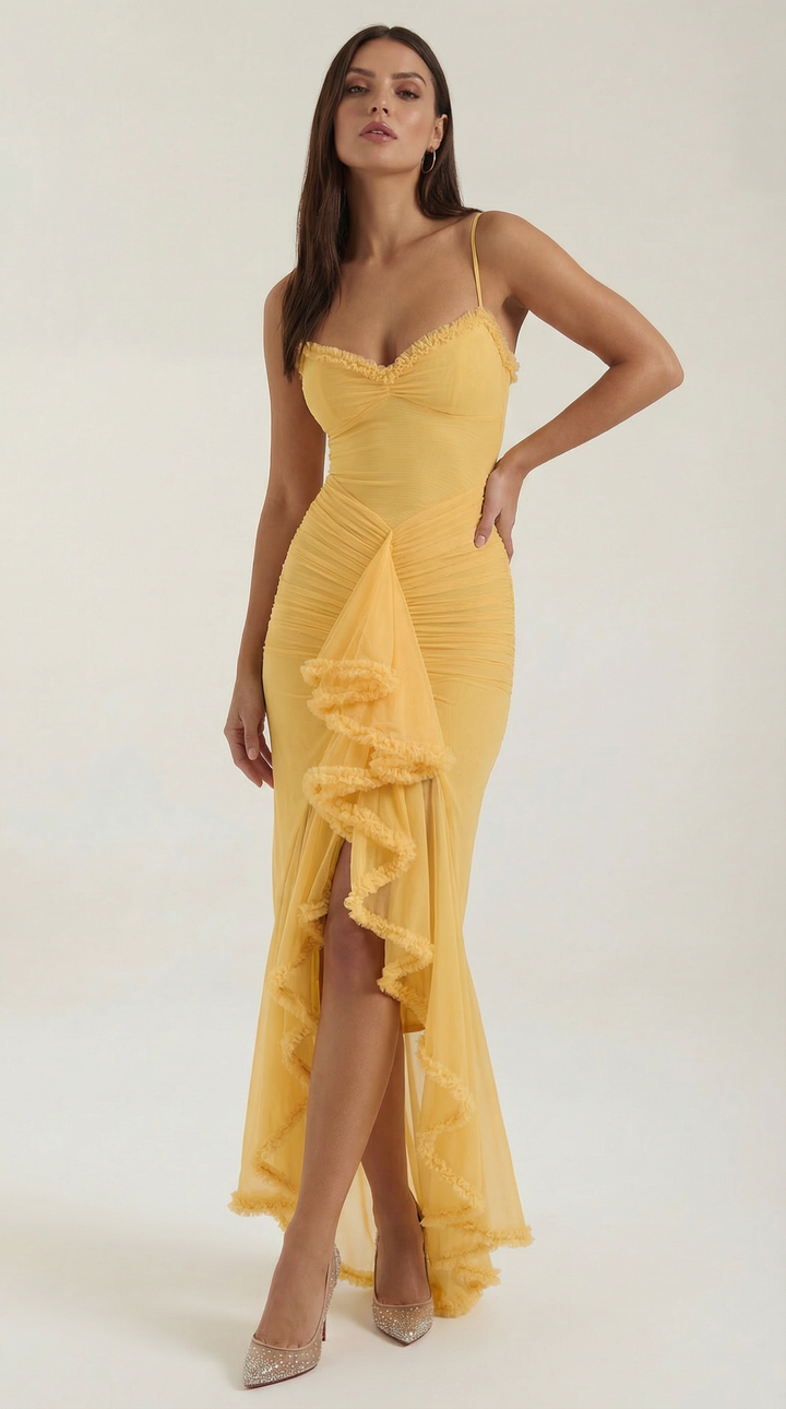 Damen Volant Maxikleid mit High-Low-Saum