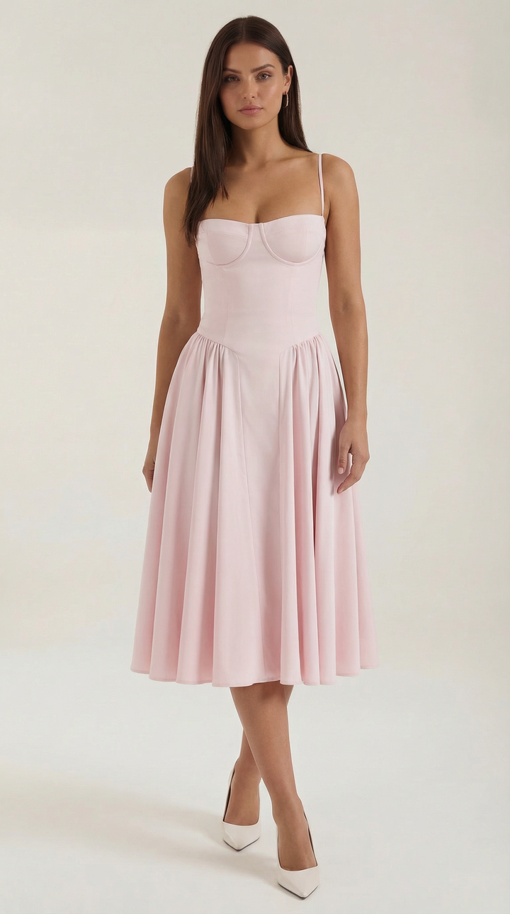 Damen Blumenmieder Midikleid mit Herzausschnitt