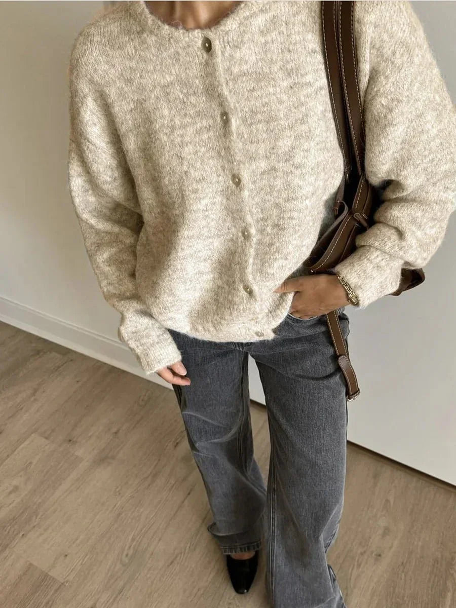 Damen Strick-Cardigan Mit Rundhalsausschnitt Und Knöpfen