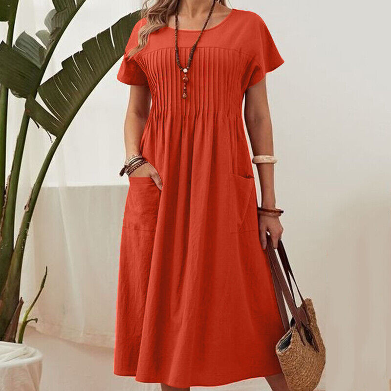 Faltiges Midi-Kleid mit kurzen Ärmeln und Taschen