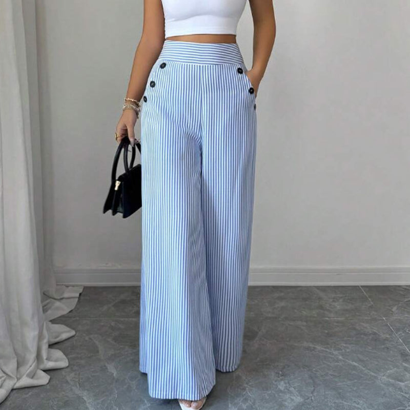 Detailansicht der gestreiften Damen Leinenhose mit hohem Bund