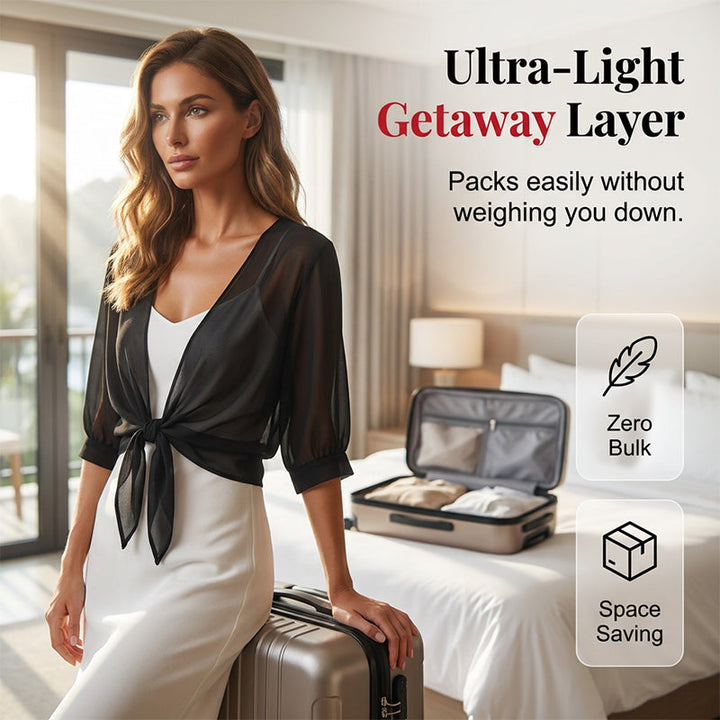 Eleganter Damen Kurz-Cardigan mit Bindeband aus transparentem Chiffon