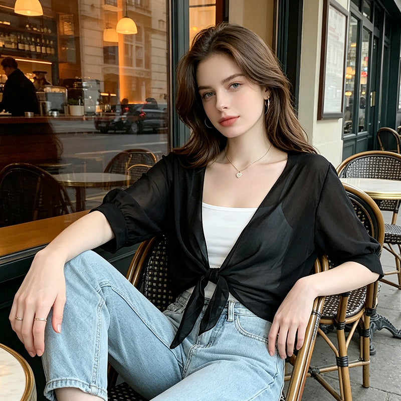 Damen Chiffon-Cardigan mit fließendem Fall und dekorativem Bindeband