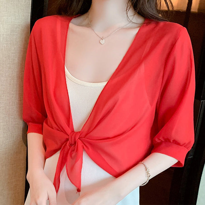 Transparenter Damen-Cardigan aus Chiffon mit Bindeband für elegante Looks