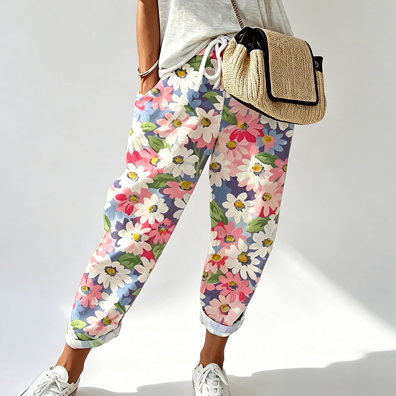 Damen Karottenhose Mit Blumenprint Und Kordelzug