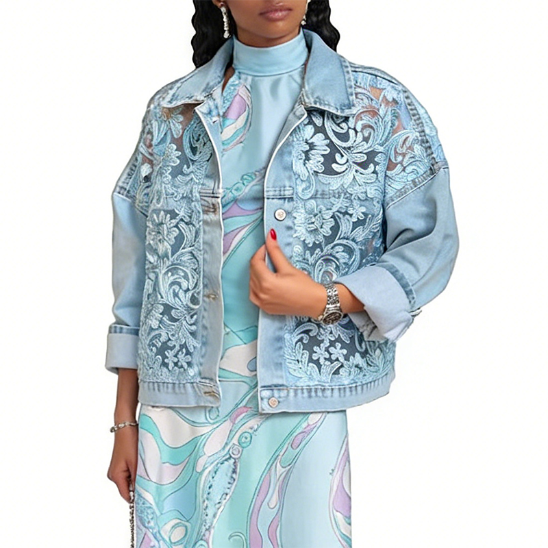 Damen-Jeansjacke mit Blumenmuster in lockerer Passform, Vorderansicht