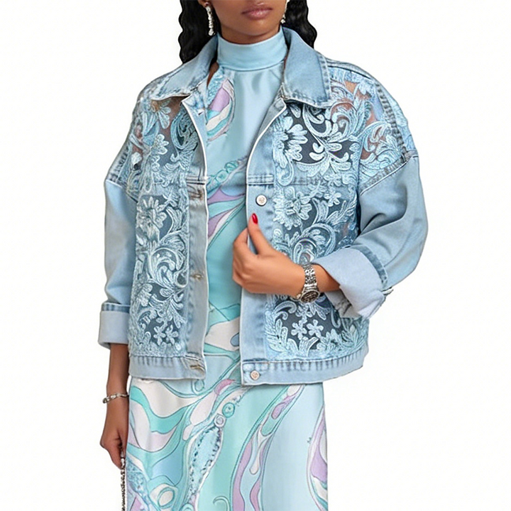 Damen-Jeansjacke mit Blumenmuster in lockerer Passform, Vorderansicht