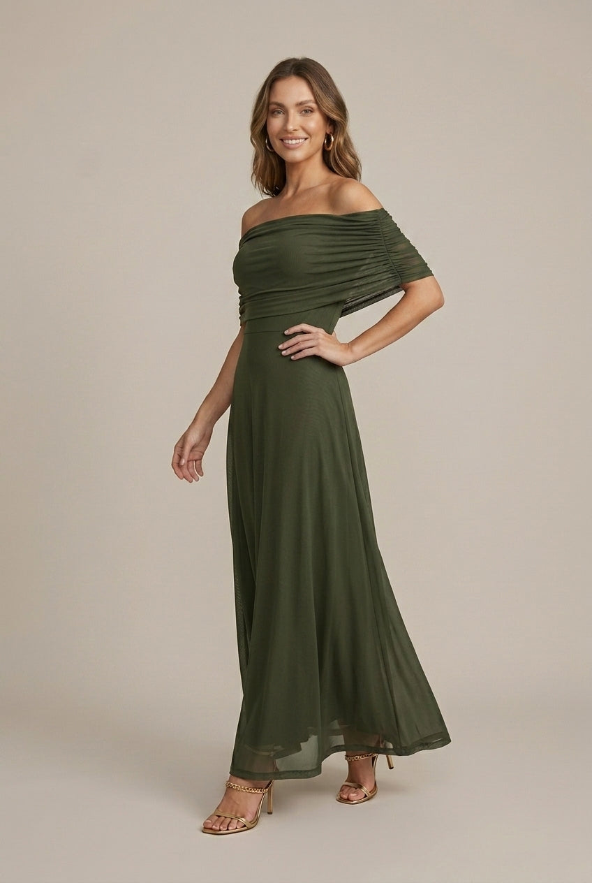 Women's Maxi Dress with Carmen Neckline and Ruched Bodice