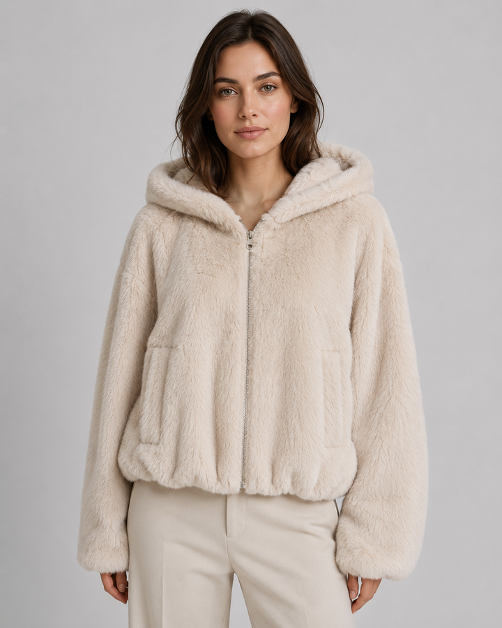 Modische Jacke aus Kunstfell mit Kapuze für Damen