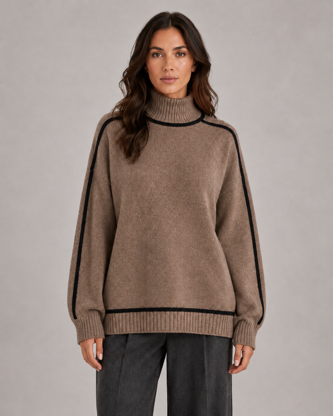 Damen-Oversize-Rollkragenpullover mit markanten Kontrastdetails