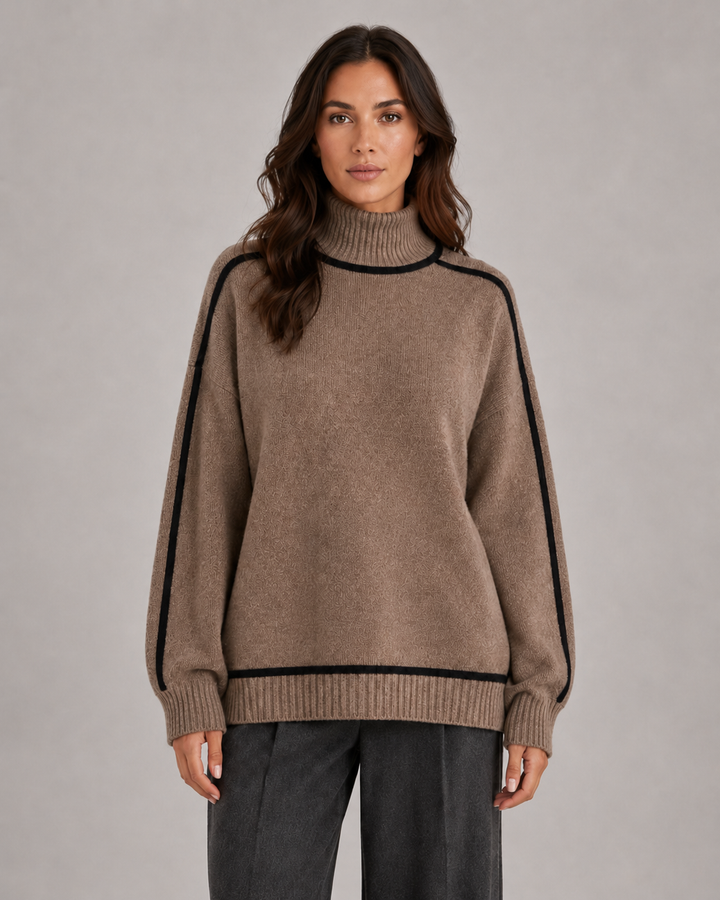 Damen-Oversize-Rollkragenpullover mit markanten Kontrastdetails