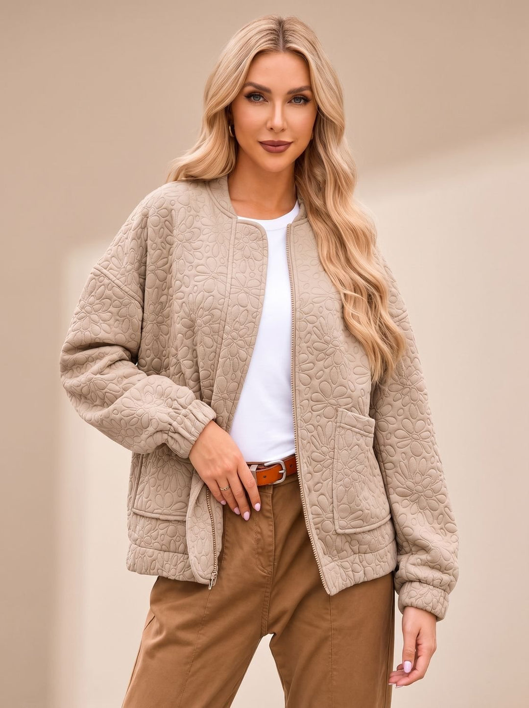 Women's Quilted Bomber Jacket With Floral Pattern Beige